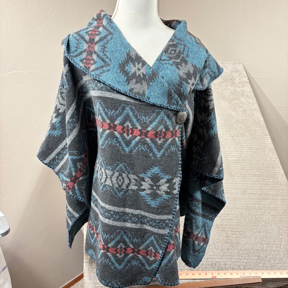 Silverado Southwest Aztec Blanket Wrap Shawl Poncho Blue Grey S/M